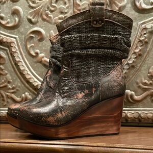 Bed Stu Distressed Black and Brown Wedge Ankle Boots